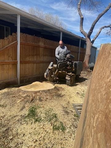 Carey Cordova operating a stump grinder in a backyard