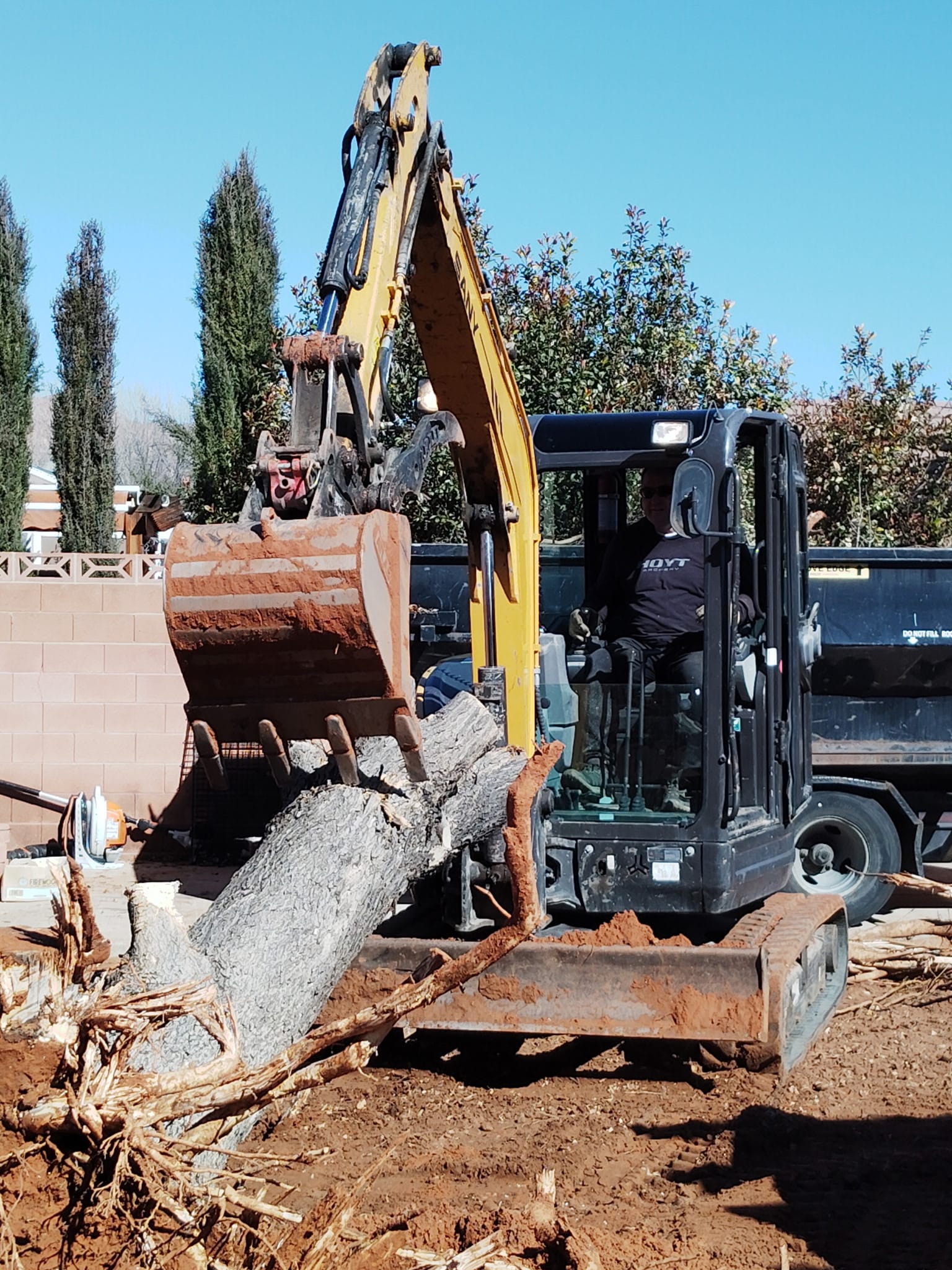 Excavator lifting a large stump from the ground