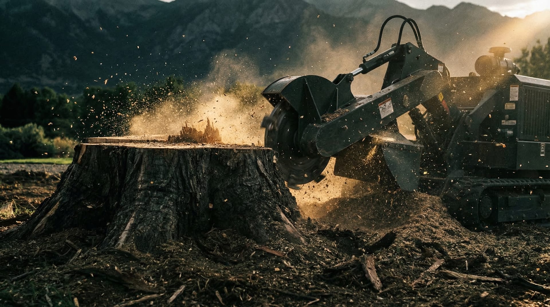 Powerful stump grinding machinery at work in a Utah yard